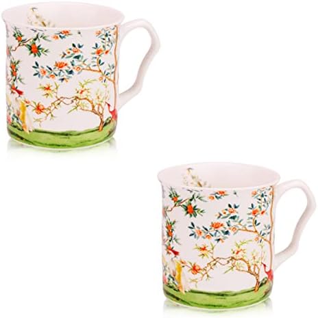 סט ספל קפה משובח סין משובח - עיצוב כוס תה פרחי ציפורים וענף - כוסות תה חרסינה 2 חרסינה עם קופסת מתנה