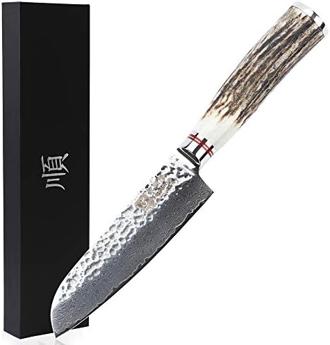 סכין דמשקוס סאנקוקו סאנקוס סכין 7 אינץ 'סכין שף מקצועי - יפנית 67 שכבות פחמן גבוה דמשק פלדה - ידית קרניים ארגונומית