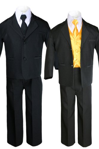 7 pc בנים חליפה שחורה עם אפוד צהוב סאטן סט מתינוק לבני נוער