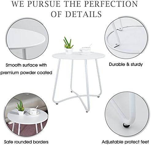 שולחן צד פטיו של Caifang, שולחן קצה מתכת חיצוני שולחן עגול עגול שולחן עמיד למים שולחן קפה נייד לגינה, מרפסת, מרפסת, חצר, לבן