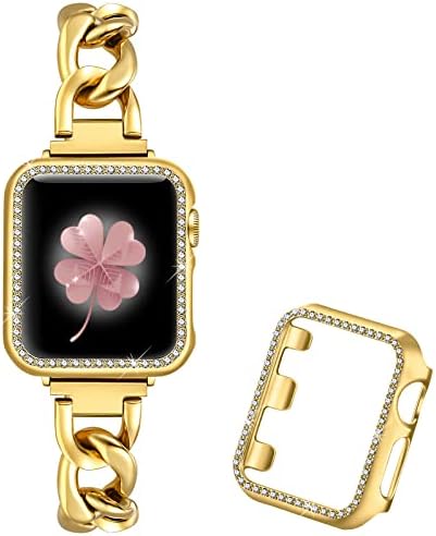 רצועות קישור מתכת מגניבות של דילנדו תואמות את Apple Watch 38 ממ 40 ממ 41 ממ נשים גברים, צמיד נירוסטה זהב עם מארז Bling עבור Iwatch SE
