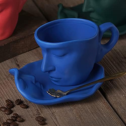 כוס תה ותה אקדח ומערכת צלוחית למונה קרמיקה אחת פנים נשיקות כוס קפה הגדרת כוס תה ליום האהבה יום האם מתנה יצירתית, 8 עוז כחול