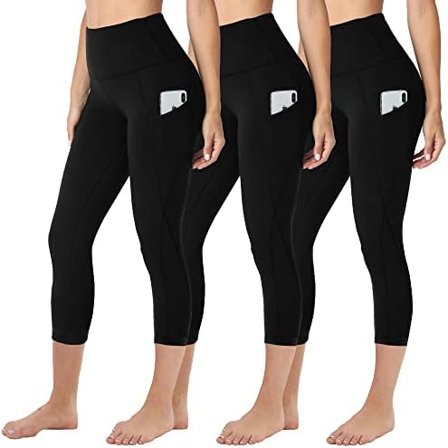 HLTPRO 3 חבילה חותלות קפרי לנשים עם כיסים - בקרת בטן שחורה במותניים גבוהות מכנסי יוגה קפריס לאימון