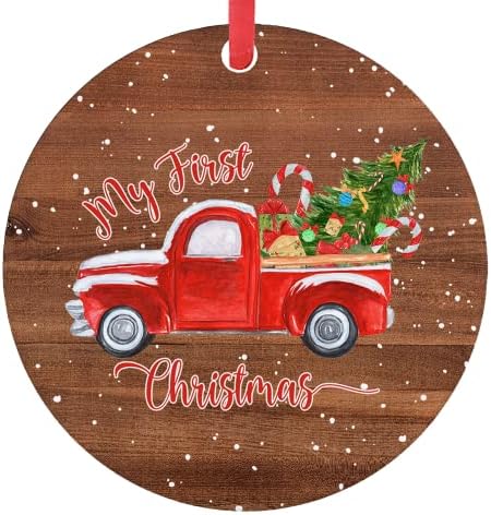 שלי ראשון חג המולד קישוט 2021 אדום משאית עם חג המולד עץ סנטה מתנת מזכרת הטוב ביותר חורף חג דקור עבור חבר משפחה תינוק עגול לבן קרמיקה מזכרות