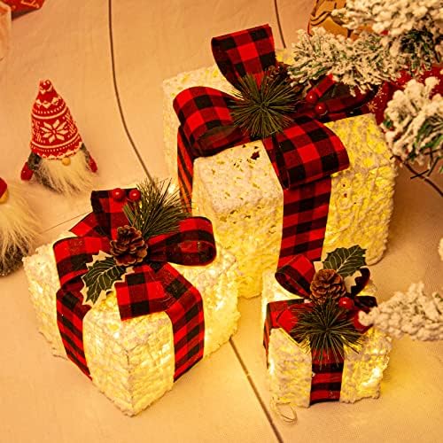 סט של לוהו של 3 צ'רסטמות קופסאות מתנה מוארות, LED שלג לבן מדליקים קופסאות חג מולד נוכחות עם קשתות אדומות, קופסת מתנה לחג המולד לקישוטים