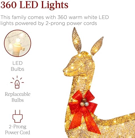 מוצרי הבחירה הטובים ביותר של 3 חלקים מוארים צבי חג המולד מוארים סט משפחתי 5ft חצר חיצונית עם 360 נורות LED, הימור, קשרי רוכסן - זהב