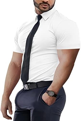 גברים של שמלת חולצות שרירים רזה בכושר מהיר יבש קצר שרוול כפתור למטה חולצה