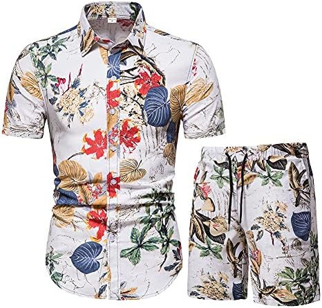 חולצת שרוול קצר של Bebuerrg של גברים וחליפות מכנסיים קצרים קיץ 2 פרחים כפתור מזדמן במורד החולצה הוואי