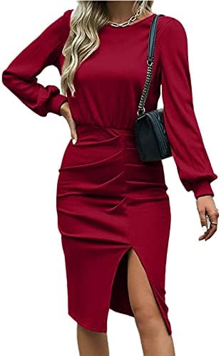 שמלות הלוויה לנשים 2023, אופנה צבע אחיד מותן צוואר עגול שקית שרוול ארוך שקית ירך שמלת ביגוד חיצונית