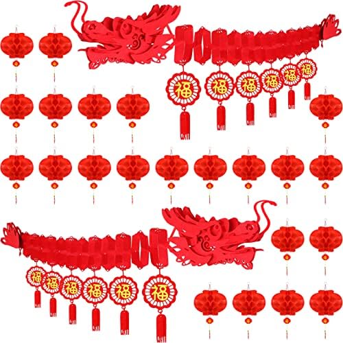 24 חתיכות סט קישוט לשנה השנה הסינית כולל 2 מחשב סיני שנה חדשה לקישוט תקרת דרקון ו 22 יח 'קישוטי פנסים סיניים אדומים קישוטי תלייה פנס נייר