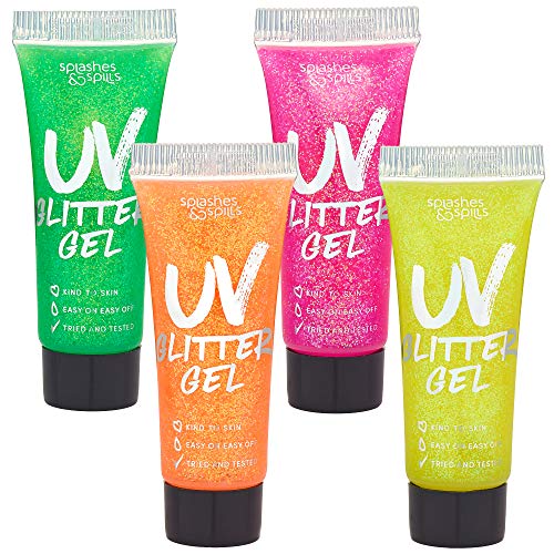 UV נצנצים ג'ל צבע גוף - 4 צבעים סט קוסמטי לבנות, נשים, מבוגרים - 10 צינורות מל עם אפקט זוהר - מושלם ללבוש, פסטיבל, מסיבת תלבושות, ליל