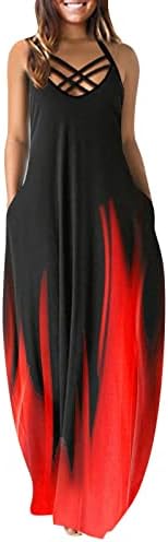 שמלות מקסי בוהמיות של FQZWONG לנשים עם כיסים רצועת ספגטי סקסית של קיץ נ 'צוואר רגיל/שמלות ארוכות מזדמנים צבעוניות