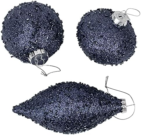 נאפקו כחול כהה חרוזים כדור עיטורים 3 איקס 3.25 זכוכית דקורטיבי תליית חג המולד קישוט סט של 3