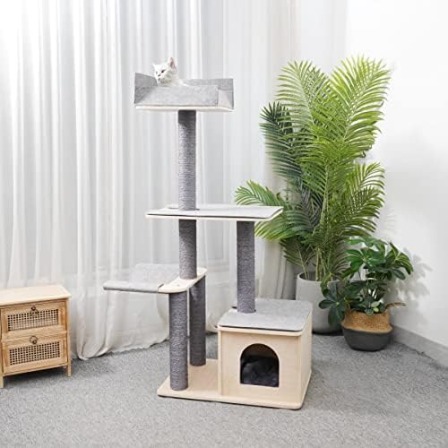 זריז 59& 34; מודרני אמיתי אורן דיקט חתול עץ דירה מגדל עם טבעי סיסל מגרד טיפוס הודעות ונמנום ערסל