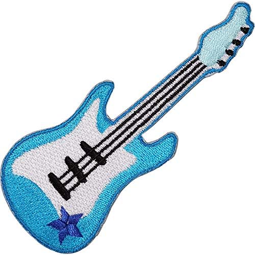 גיטרה חשמלית כחולה רקומה ברזל/תפור על תיקון רוק רוק מוסיקה