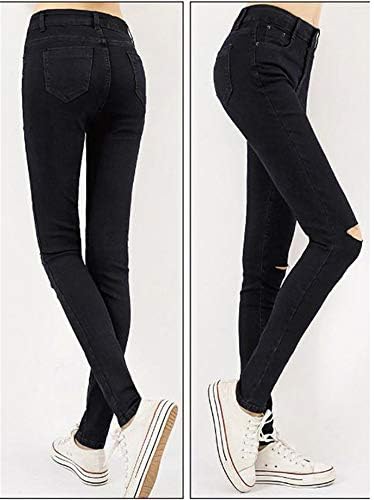 Andongnywell נשים מזדמנים עם מותניים גבוהים קרעו ג'ינס רזים רזים מכנסי ג'ינס במצוקה עם מכנסי כיסים