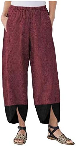 2023 מכנסי פשתן כותנה פלוס גודל, מותניים אלסטיים רחבים פלאצו יוגה קפריס קפריס מנוחה מכנסיים רחבים עם כיסים