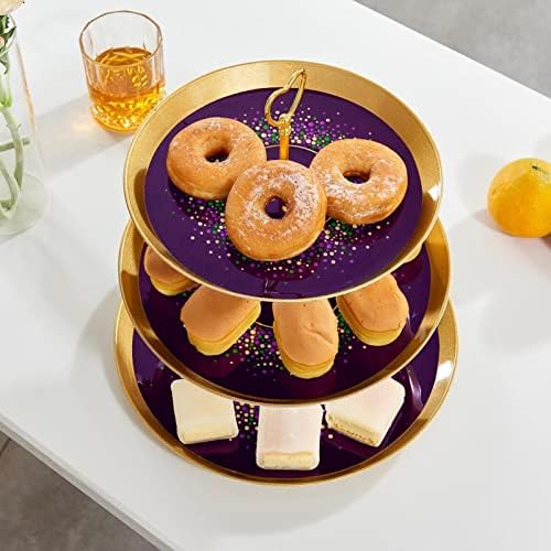 סט דוכני עוגות 3 חלקים, מרדי גראס גליטר מוזהב פלר דה ליס מחזיק קאפקייקס מפלסטיק קנדי ​​קינוח קינוח תצוגה לחתונה למסיבת תה יום הולדת