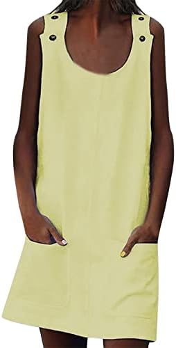 שמלות קיץ של Ruziyyoog לנשים SCOOP SCOOP כפתור ללא שרוולים שמלת מיכל מטה עם כיס צבע סולי