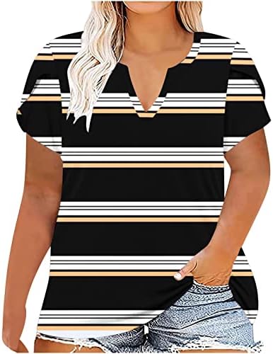 צמרות בגודל פלוס לנשים 2023 חולצת טי פסים מודפסת קיץ v צוואר חולצת חולצה בלוק בלוק שרוול קצר חולצות טונות