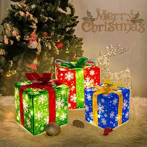 Su2son קופסאות מתנה מוארות לחג המולד קישוטי חוץ סט של 3 - פתיתי שלג אור לבן חם עם 60 קופסאות נוריות LED, עיצוב מדליק מקורה, 5 ''/6 ''/7.8
