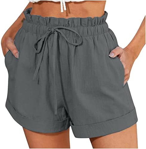מכנסי חוף חופשה HCJKDU לנשים מותניים אלסטיים משיכת מכנסיים קצרים עם טרקלין פשתן כותנה בכיס מכנסי התאמה רופפים