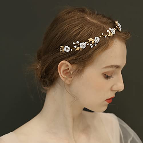אסול פרח כלה חתונה בגימור זהב עלה כלה שיער גפן אבני חן אביזרי שיער לנשים ונערות (13.6 אינץ'!)