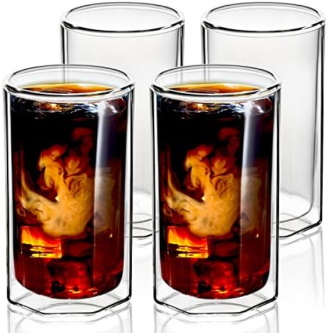 משקפיים קירות כפולים, מתומן ייחודי 13.5 גרם ספלי קפה מבודדים סט של 4, כוסות זכוכית בורוסיליקט צלולות לקפוצ'ינו או לאטה מקכיאטו