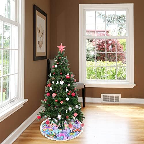 Vantaso 48 אינץ 'חצאית עץ גדולה קישוט לחג המולד עם גדילים, פרפרים צבעוניים בוטניים מחצלת עץ חג המולד לעיצוב הבית של מסיבת חג