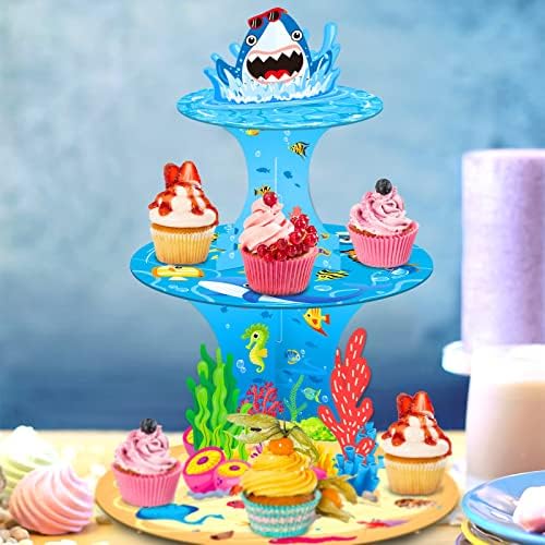 אוקיינוס ים 3 קומות עוגת דוכן בת ים כריש דגי נושאים מסיבת קישוטי אספקת הקאפקייקס קרטון מחזיק לילדים בני נוער תחת ים נושא מסיבת יום הולדת