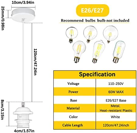 ערכת תאורה מיני תעשייתית תעשייתית, E26/E27 וינטג 'אדיסון תלויה כבל אור, תליון DIY תליון תקרה למטבח/בית/מסעדה, לבן