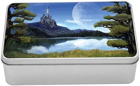 קופסת מתכת פנטזיה של אמבסון, סצנה סוריאליסטית ירח עם יער אגם ריברסייד וטירה מימי הביניים על אמנות הגבעה, מיכל תיבת פח מלבני רב-תכליתי