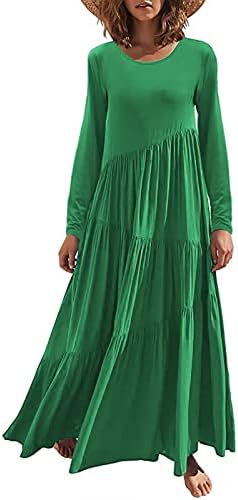 נשים של נדנדה שמלות אופנה מוצק צבע ארוך שרוולים עגול-צוואר שכבות קפלים שמלה קיצית החוף מקרית מקסי שמלה