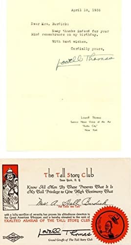 מכתב מודפס וכרטיס חתום על ידי לואל תומאס
