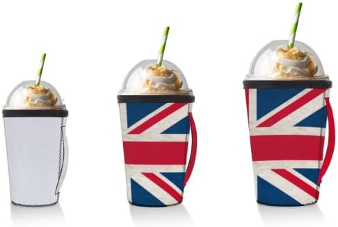 בציר בריטי בריטניה דגל אייס קפה שרוול עם ידית, לשימוש חוזר ניאופרן מבודד קפה כיסוי כוס מחזיק עבור חם קר משקאות משקאות, מתאים 18-20 עוז