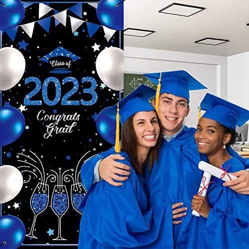 Binqoo 3x6ft מזל טוב גראד 2023 כיסוי דלת כיתת סיום כחול של 2023 טקס רקע גליטר זכוכית תיכון עיצוב מסיבת סיום
