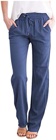 מקרית קיץ כותנה פשתן מכנסיים לנשים רחב רגל מכנסיים עם כיסים בבאגי טהור צבע ישר רגל מכנסיים חוף מכנסיים