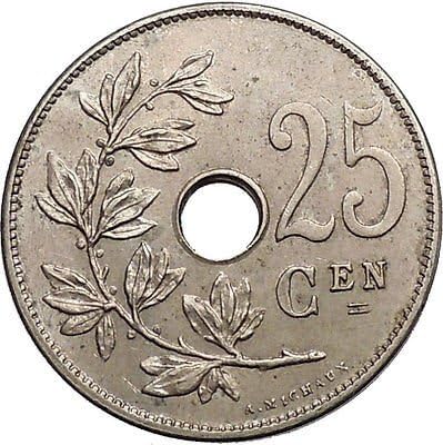 מטבעות רומאים יוונים עתיקים אותנטיים ועוד 1908 מלך בלגיה ליאופולד II 25 סנטימטרים מטבע בלגי עתיק עם חור I55187