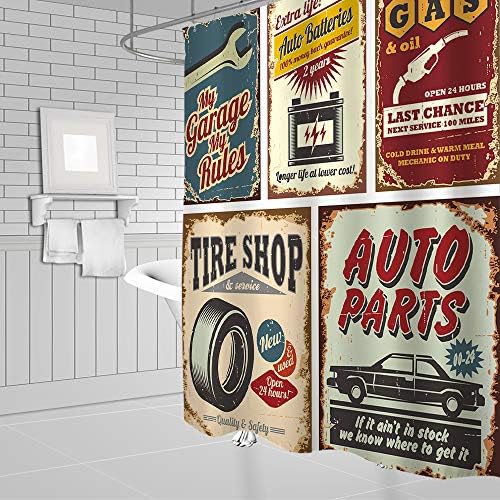 וילון מקלחת מכוניות של ג'ינג'יג'י משנות החמישים של המאה העשרים רטרו מוסך קאנטרי אביזרי רכב עתיקים תיקון אמריקאי פוסטר לוחית רישוי לוחית