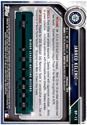 2019 פרוספקטים של באומן BP-13 Jarred Kelenic RC טירון סיאטל Mariners כרטיס מסחר בייסבול MLB