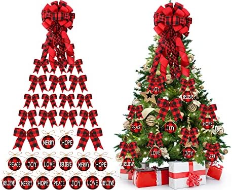 43 חתיכות קישוטי חג המולד משובצים של באפלו סט עץ חג המולד קשתות טופר קשתות למלאכה באפלו משובץ עץ חג המולד תפאורה כפרי בדוק עץ חג המולד