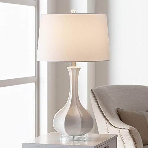 עיצוב יורו של Possini AURION מנורת שולחן מודרנית 27 3/4 גובה לבן מחורץ קרמיקה דלעת בד תוף עיצוב גוון לחדר שינה סלון בית בית מיטה כניסה