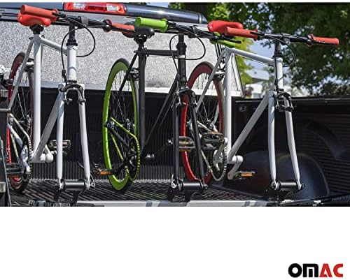 מתלה אופני מיטת תא המטען של OMAC להונדה רידג'ליין, 3 מנשא אופניים, עומס של 112 פאונד, אלומיניום ופלדה, כסף, מערכת שחרור מהיר, מנשא מתלה