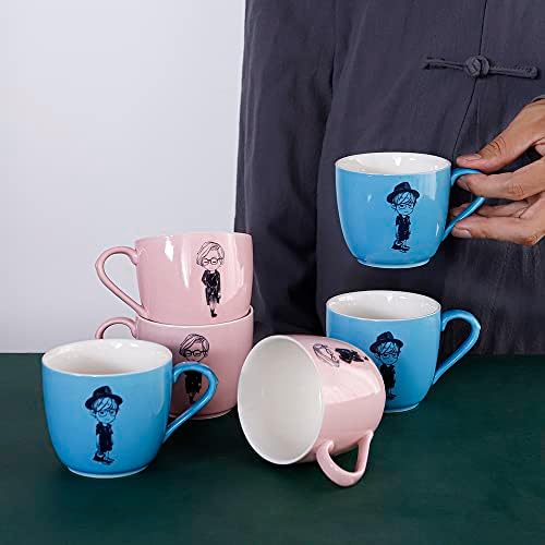 סט AEIDDRWAA של 6 ספלי קפה 11.5 גרם עם כוס תה קרמיקה עם ורוד וכחול שמיים, דפוס זוגי, מתאים לקפה. אריזה בטוחה בקופסת מתנה צבעונית.