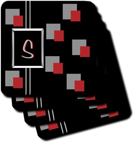 3drose מודרני גיאומטרי שחור אדום אפור ריבוע מונוגרמה מכתב S - חוף ים רך, סט של 4
