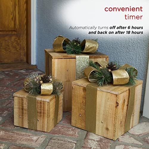 תאגיד אלפיני 3 חלקים קופסת מתנה מעץ עיצוב חג המולד עם נורות LED, זהב