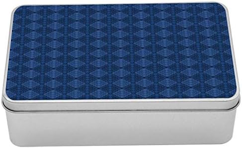 קופסת פח כחולה של אמבסון חיל הים, הדגמה רציפה בצבע ימי של דפוסי אריגת דמשק של יהלום, תיבת אחסון מארגן מתכת נייד עם מכסה, 7.2 x 4.7 x 2.2