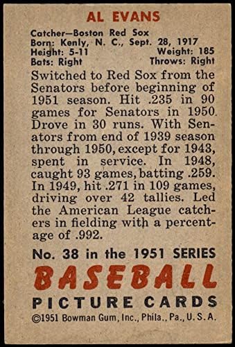 1951 Bowman 38 Al Evans Boston Red Sox Ex/Mt Red Sox