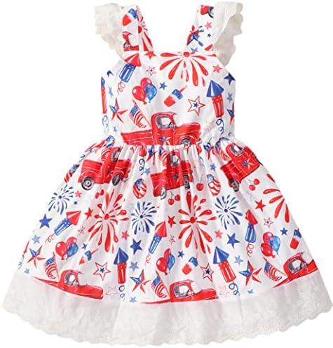 בנות 4 ביולי שמלת ילדים פטריוטית אמריקאי דגל רפרוף שרוול שמלות פעוט עצמאות יום תלבושות 1-8 שנים