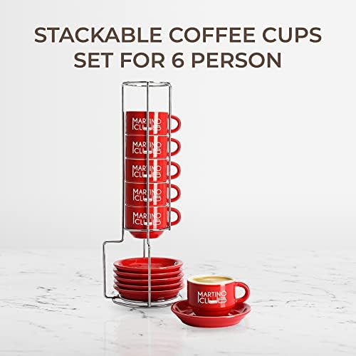 מועדון מרטינו 2.7 גרם כוסות קפה חרסינה עם סט צלוחיות - ספלי קפה הניתנים לערימה עם מתלה - כוסות קפה אדומות מוגדרות עם דוכן מתכת - כוסות